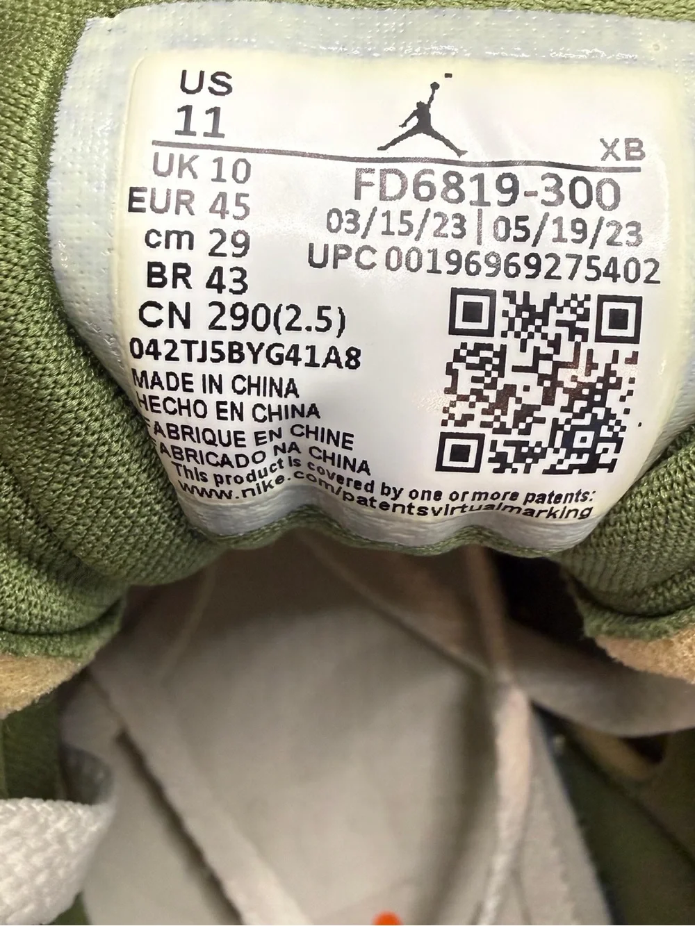 Air Jordan 1 Low SE Craft Light Olive Men’s 11 FD6819-300 Sneakers